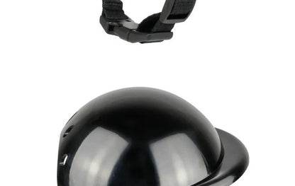 Black pet helmet for dogs and cats with adjustable strap, ABS shell, sizes S and M