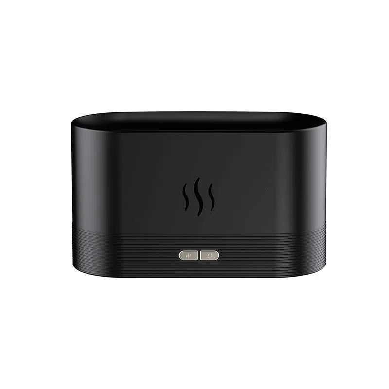 Square black aroma diffuser with flame light effect and mist output, 75x75x137mm