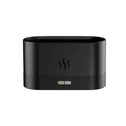Square black aroma diffuser with flame light effect and mist output, 75x75x137mm