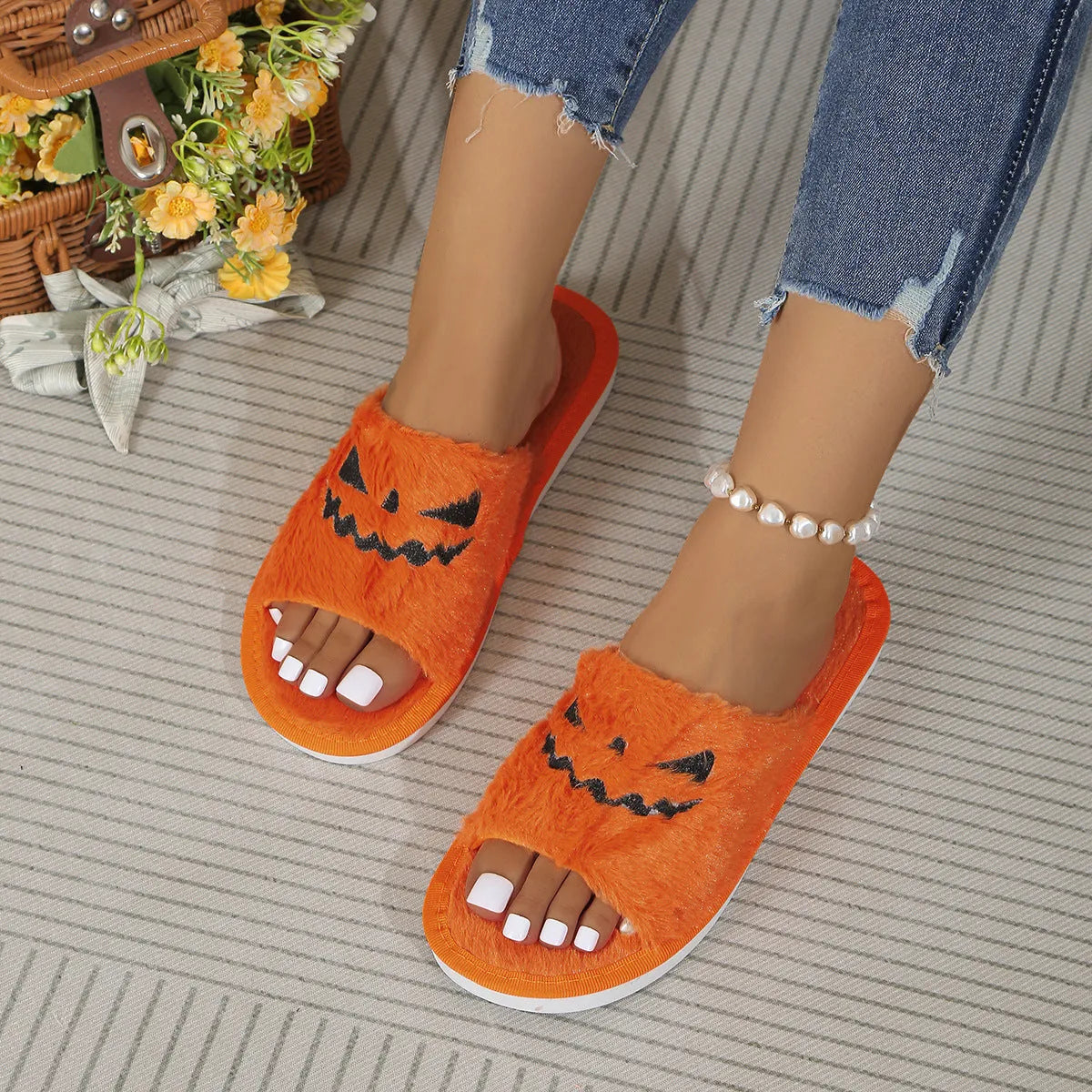 Plus size women's flat plush Halloween home slippers with artificial wool lining, TPR sole, toe ring design, purple orange black pink, sizes 35-44