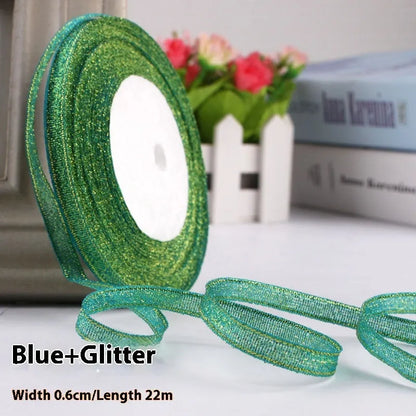 Polyester gift packaging bow ribbon showing 0.6cm width and colour options including gold leaf and metallic variations