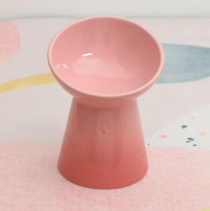 White ceramic pet bowl with high foot neck protector showing 15cm diameter and 8cm height measurement