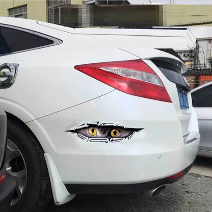 Tiger Eye and Eagle Eye 3D car bumper sticker on vehicle, showing 10x35cm HD PVC decal with vibrant colours
