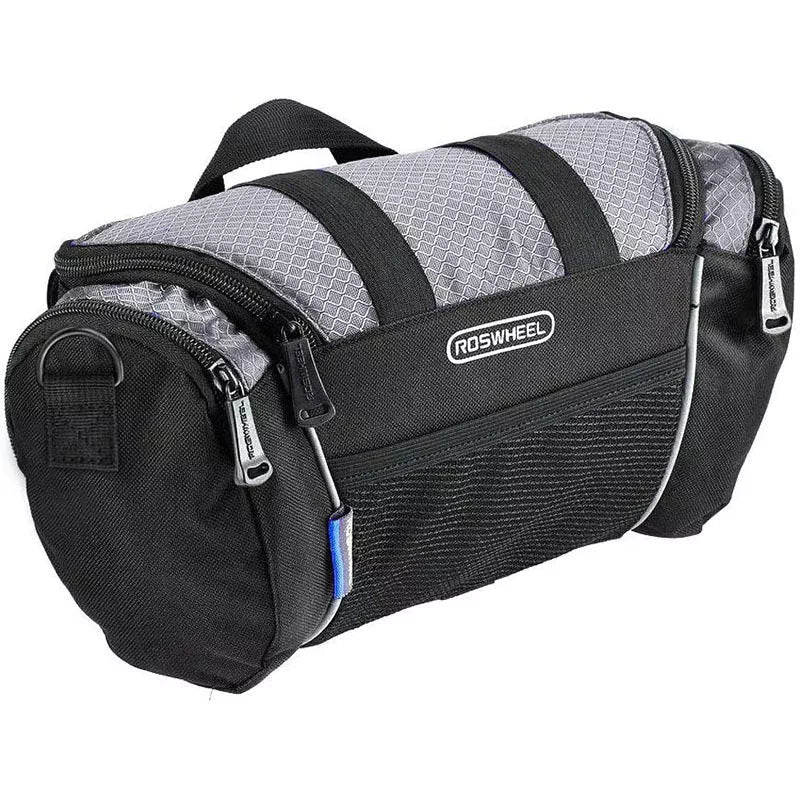 Mountain bike handlebar bag in navy blue and silver gray, durable canvas construction