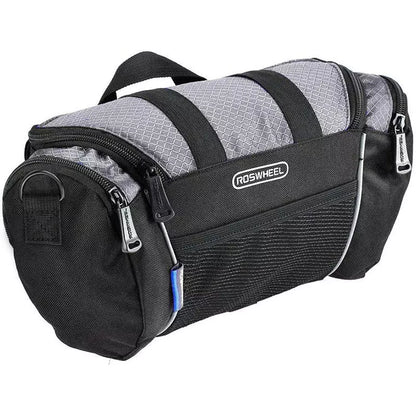 Mountain bike handlebar bag in navy blue and silver gray, durable canvas construction