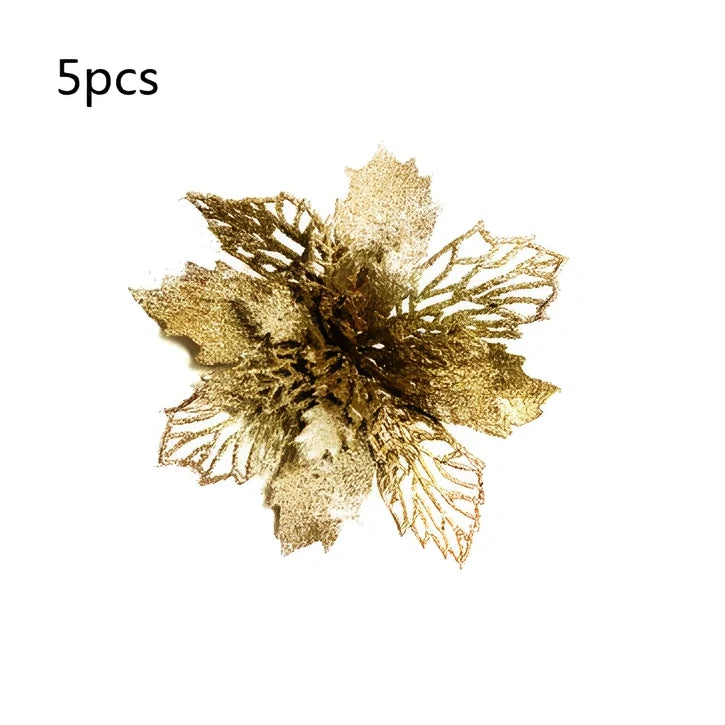 Glitter artificial Christmas flowers measuring 11cm with sparkling coating in various colour options