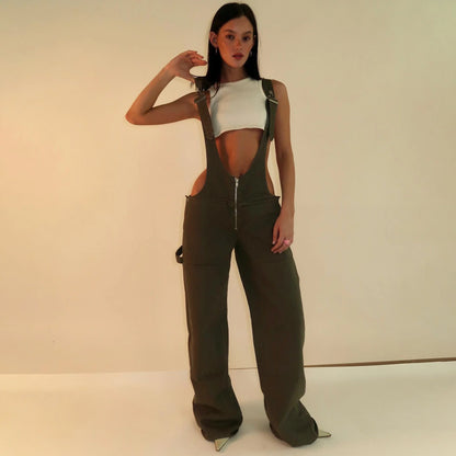 Fashionable Y2K-inspired denim overalls with pockets, suspenders, and a loose, comfortable fit