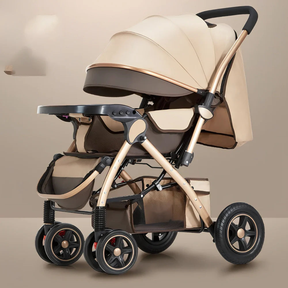 Baby stroller gift box in local gold frame with khaki blended fabric and 20cm rubber rear wheels for newborn use