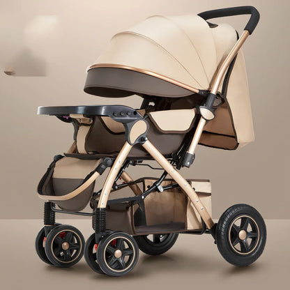 Baby stroller gift box in local gold frame with khaki blended fabric and 20cm rubber rear wheels for newborn use