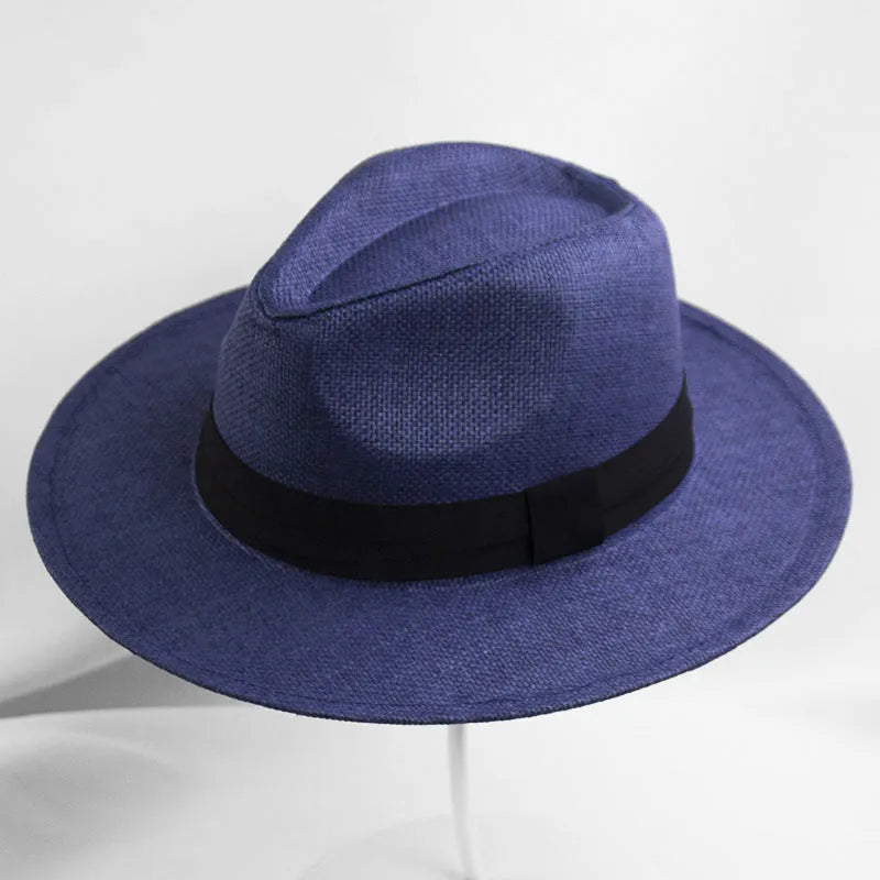 Men's wide brim flat top sun hat in beige colour with a paper fabric construction.