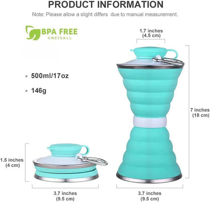 500ml foldable silicone water bottle cup in various colors, perfect for travel and outdoor activities