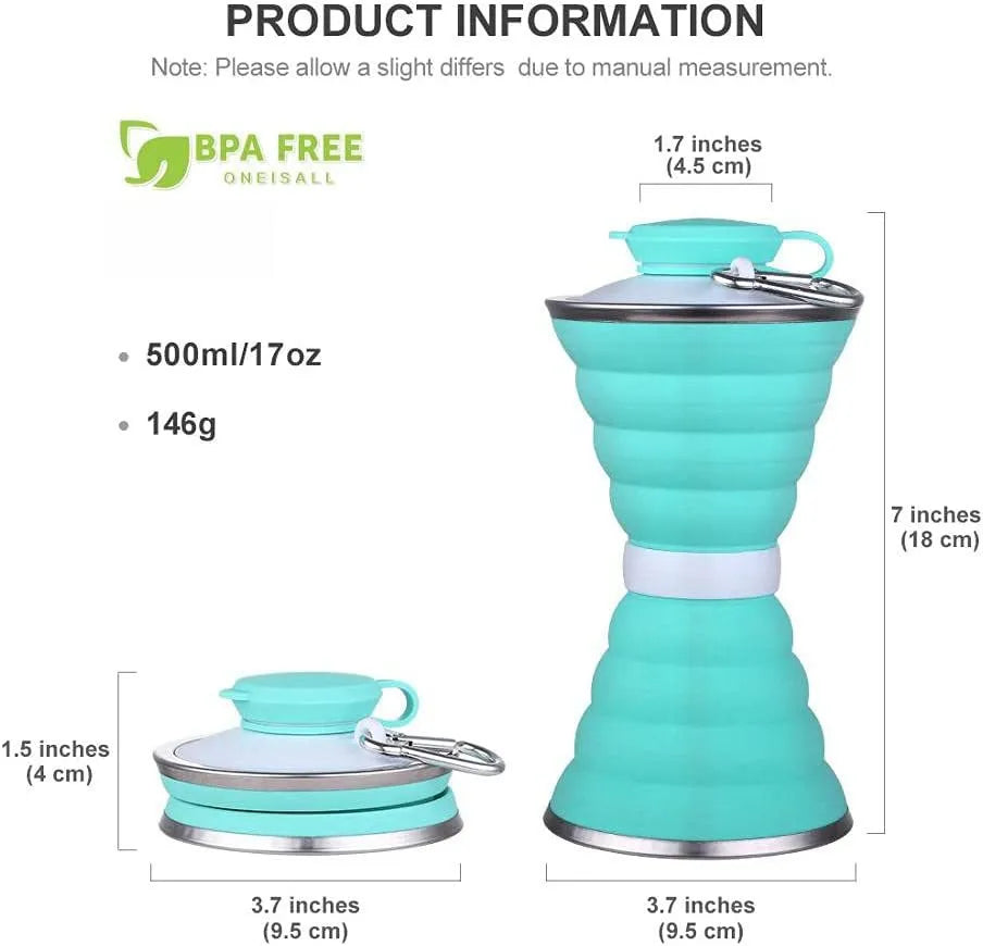 Collapsed and expanded states of a 500ml silicone water bottle with hook and hand rope.