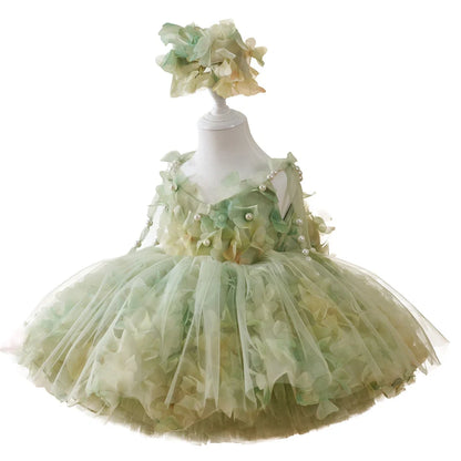 FARCENT girls' princess dress in green champagne colour with French entry lux pearl decorative details