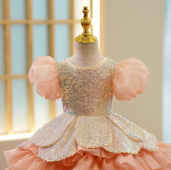 Girls' orange sequin princess dress with puff sleeves, shown in seven height options from 100cm to 160cm