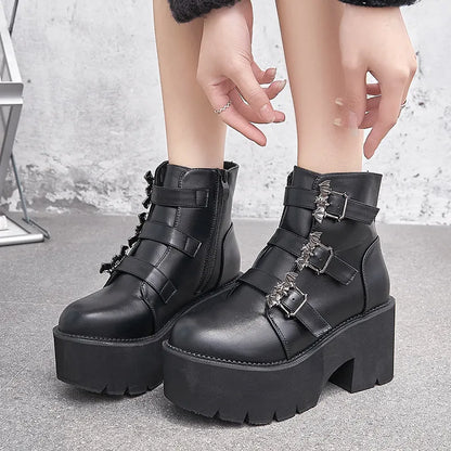 Black Harajuku punk bat buckle gothic short boots with side zipper, thick heel, and round toe