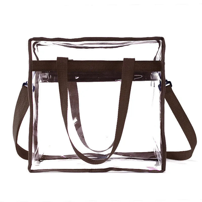 Women's PVC transparent shoulder messenger bag showing clear front panel with colour options and dual strap design