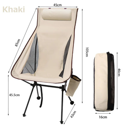 Army green outdoor folding chair with adjustable backrest and legs in reclined position on grass