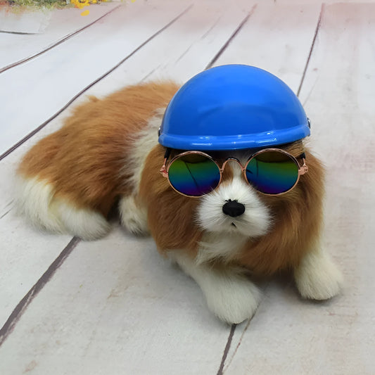Plastic dog motorcycle cap helmet in seven colour options showing three diameter sizes