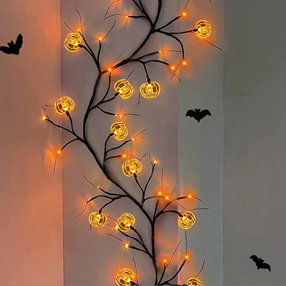 Halloween Willow Vine String Lights with Spooky Bats and Pumpkins for Indoor and Outdoor Decoration