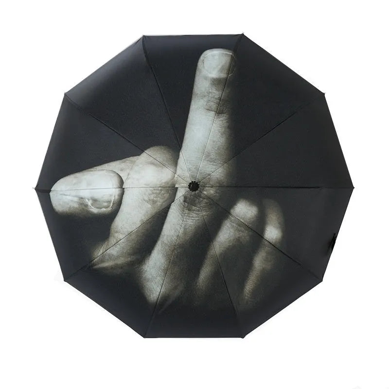 Folding umbrella showing tri-fold design with gesture motif and plastic handle