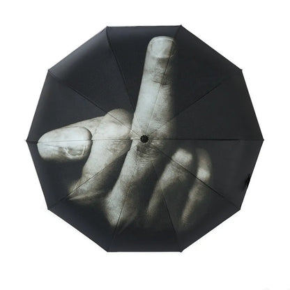Folding umbrella showing tri-fold design with gesture motif and plastic handle