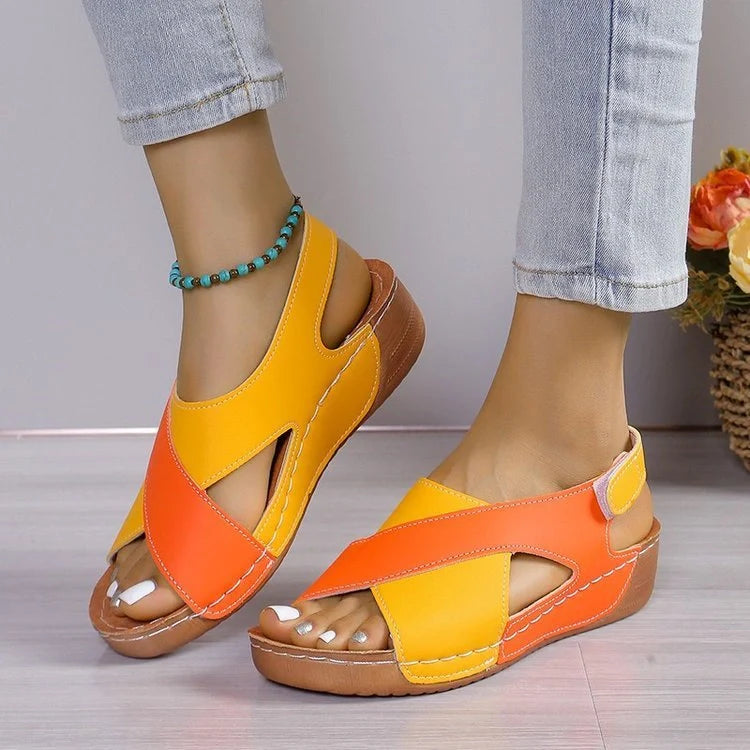 Women's summer wedges sandals with colorblock cross-strap design and thick rubber sole