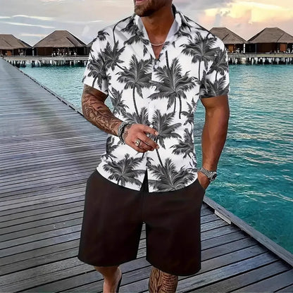 Men's Hawaii 3D printed short sleeve suit with textured patterns on polyester fabric