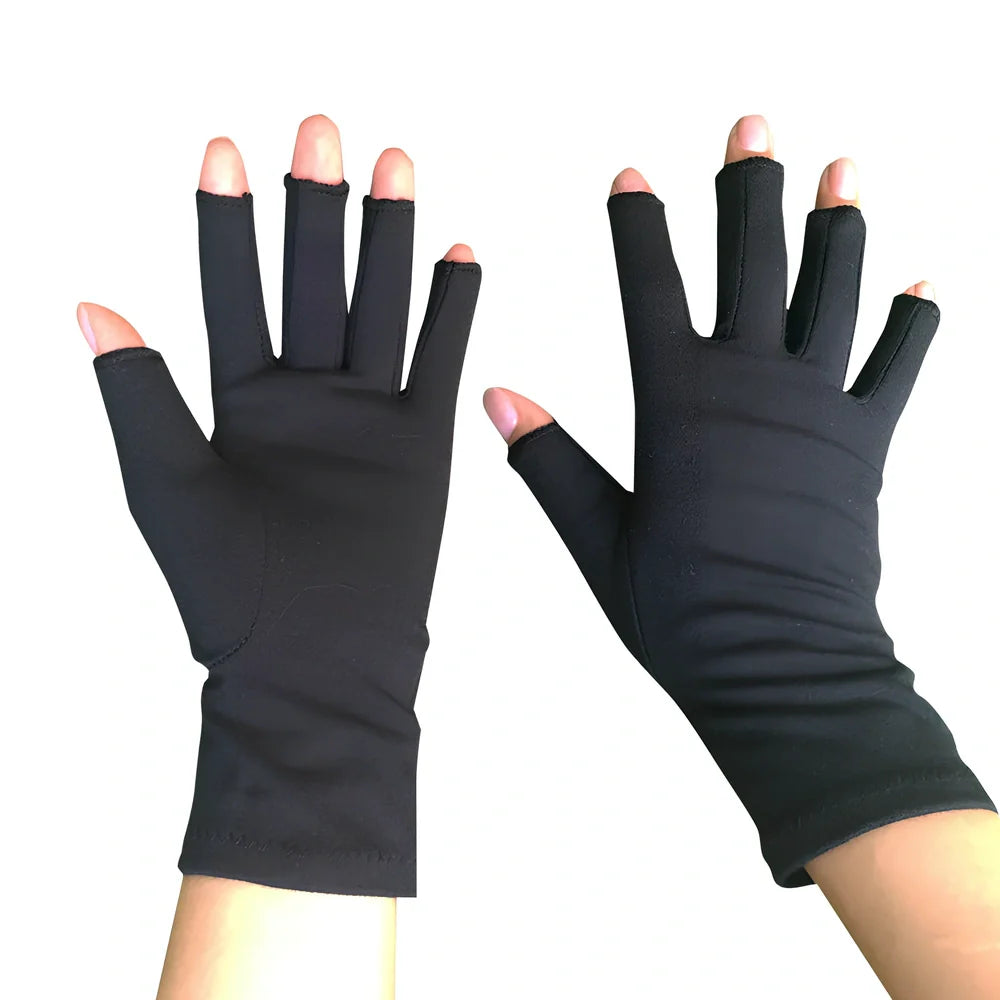 Breathable half-finger compression gloves showing exposed fingertips and adhesive grey section for joint support