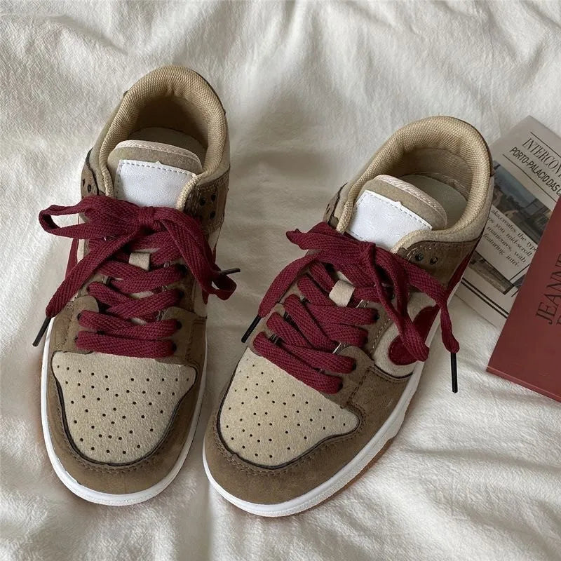 Women's brown artificial PU bread sneakers with mid muffin heel, round toe, low top and front lace-up, sizes 35-40.