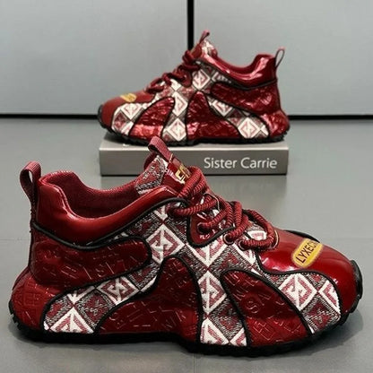 Men's embroidery stitch platform casual shoes in scarlet colour with round toe and lace-up front