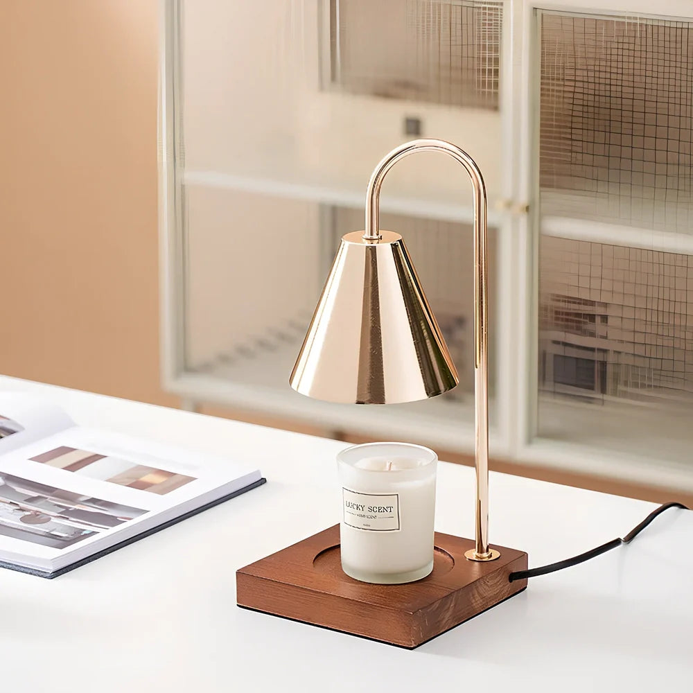 Wooden aromatherapy wax melting lamp with dimmable lighting and iron art metalwork