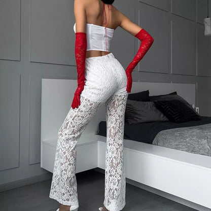 Women's high waist lace straight trousers in white and black