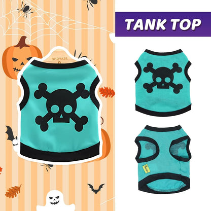 Blue dog vest with orange skull bones pattern, tank top style for a small dog.