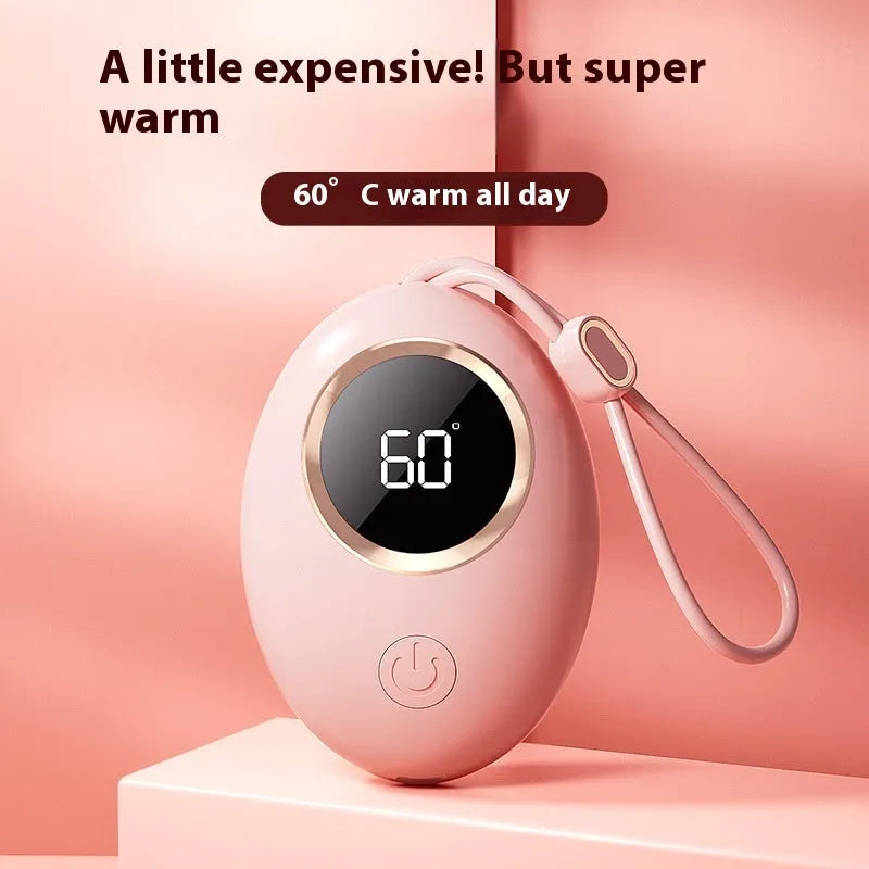Hand warmer power bank with digital display in charming blue colour, showing aluminium sheet heat dissipation design