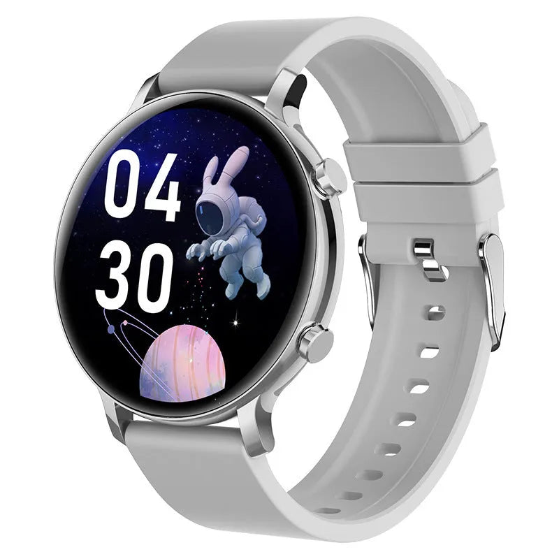 Bluetooth smartwatch with stainless steel strap showing heart rate monitoring display