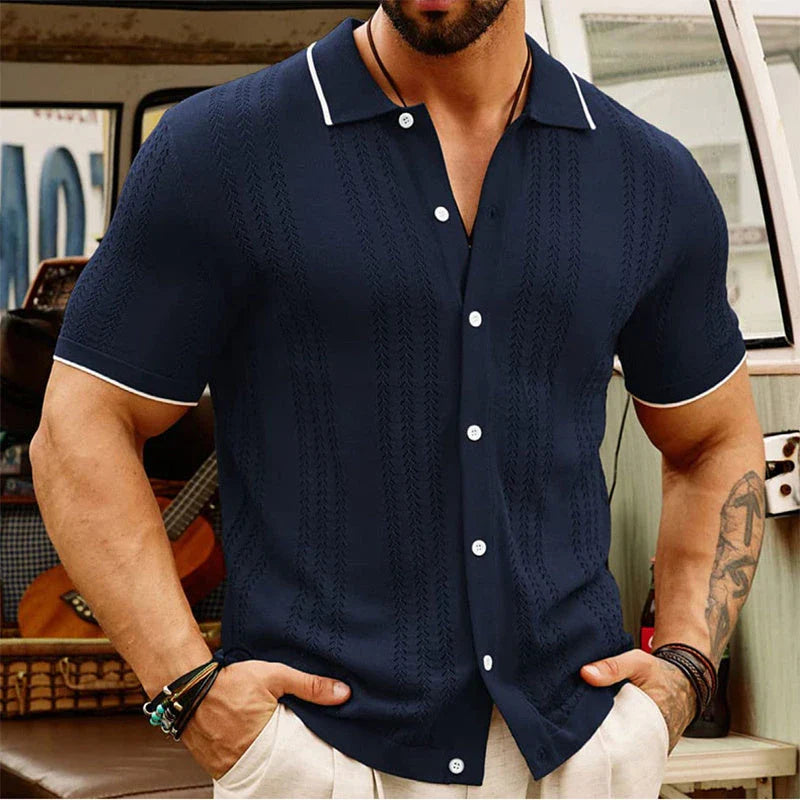 A stylish short-sleeve polo shirt made with premium Tencel fabric, featuring a unique flocked design and a variety of classic color options.