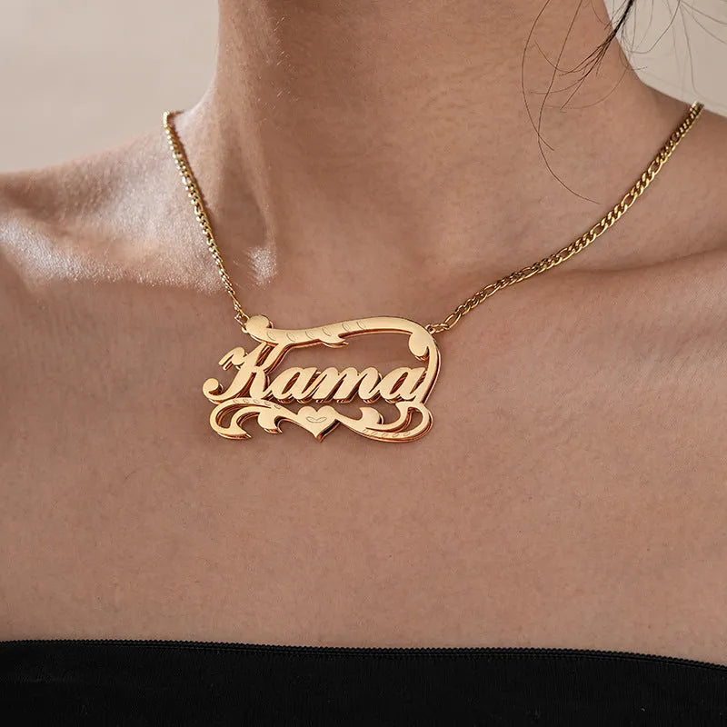 Custom name necklace with double-layer wave heart pendant in gold or silver stainless steel