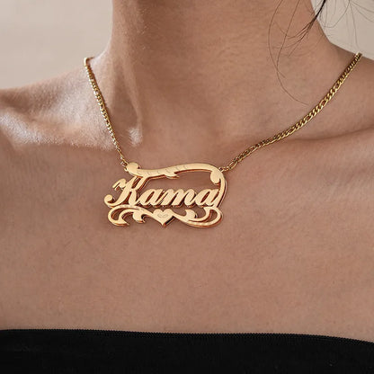 Custom name necklace with double-layer wave heart pendant in gold or silver stainless steel