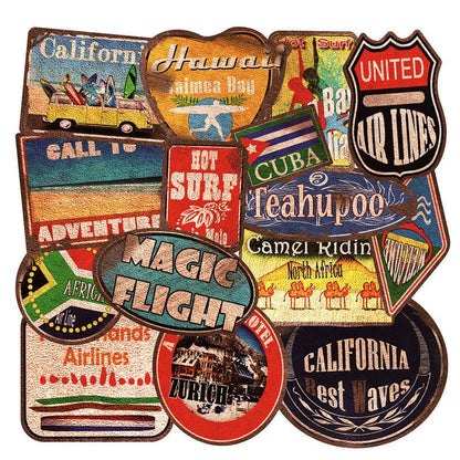 36 large retro beach and surfing themed stickers with matte finish, sizes range from 6cm to 10cm.