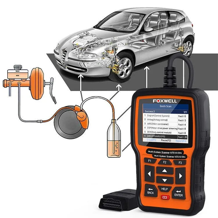 Foxwell NT510 automotive diagnostic tool with orange and black design, large TFT colour screen, and data cable for OBD scanning