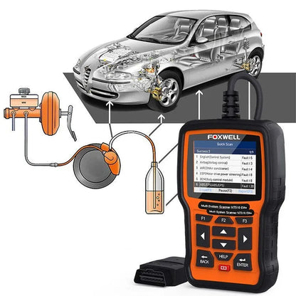 Foxwell NT510 automotive diagnostic tool with orange and black design, large TFT colour screen, and data cable for OBD scanning