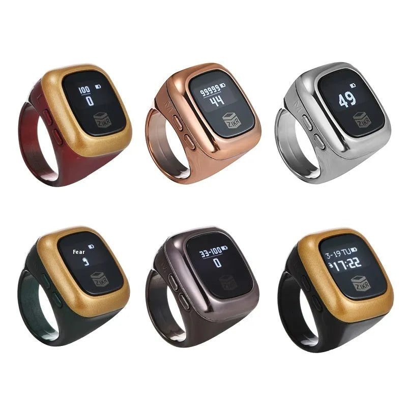 Al-Fatiha black electronic zikr counter on wrist showing digital display, with rose gold and silver colour options visible.