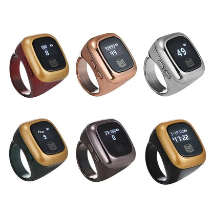 Al-Fatiha black electronic zikr counter on wrist showing digital display, with rose gold and silver colour options visible.