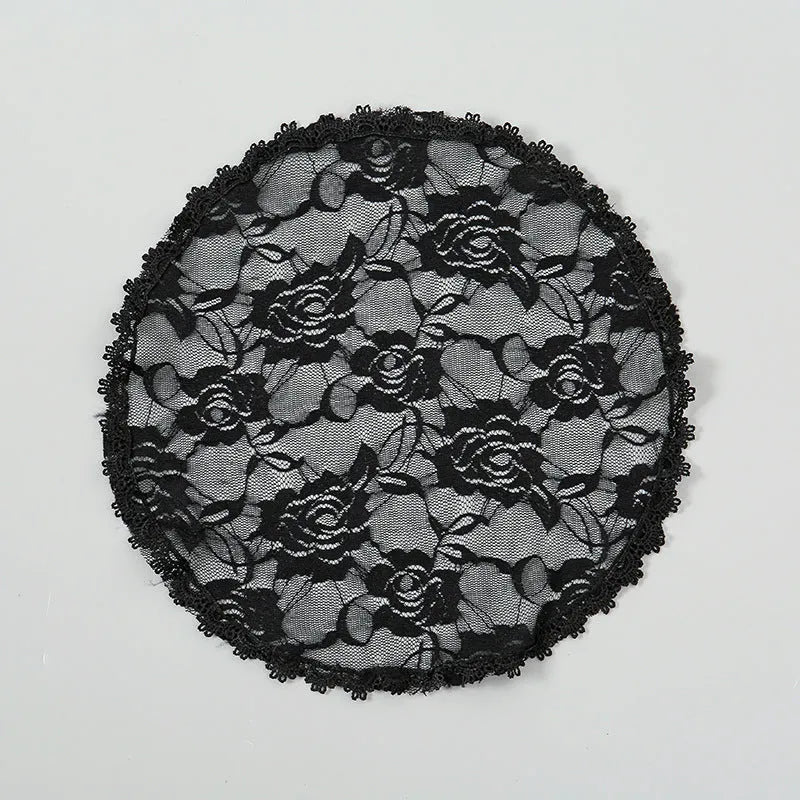 Round lace bridal head covering with floral embroidery measuring 30cm in black and white colours