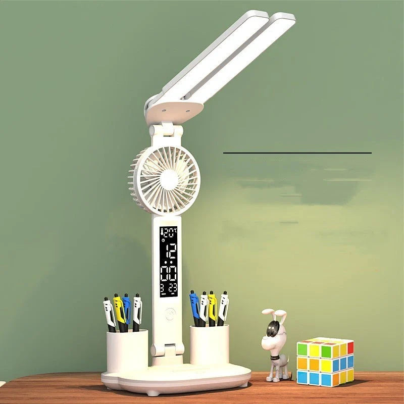 Foldable LED desk lamp with thermometer, calendar, fan, and pen holder