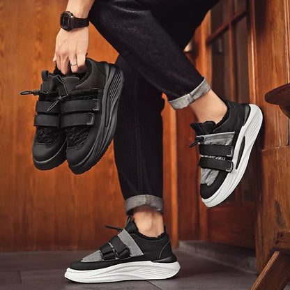 Men's black and gray striped platform sneakers with PVC sole