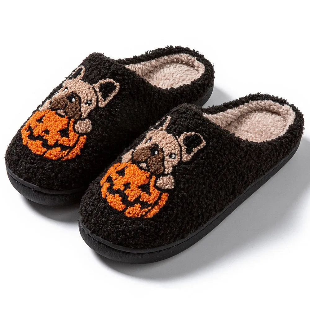 Halloween pumpkin house pattern slippers with non-slip rubber soles in black and white colour options