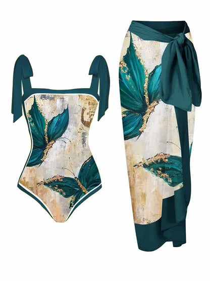 Women's floral printed two-piece swimsuit with chiffon hip skirt in multiple colour options