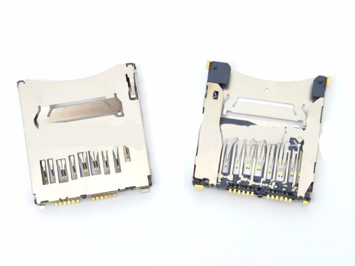 Black alloy camera memory card slot replacement part showing high-foot and low-foot profile options