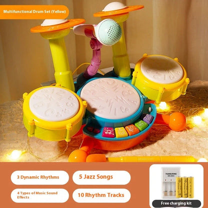 Yellow plastic children's hand-tapping drum toy with electronic sound activation